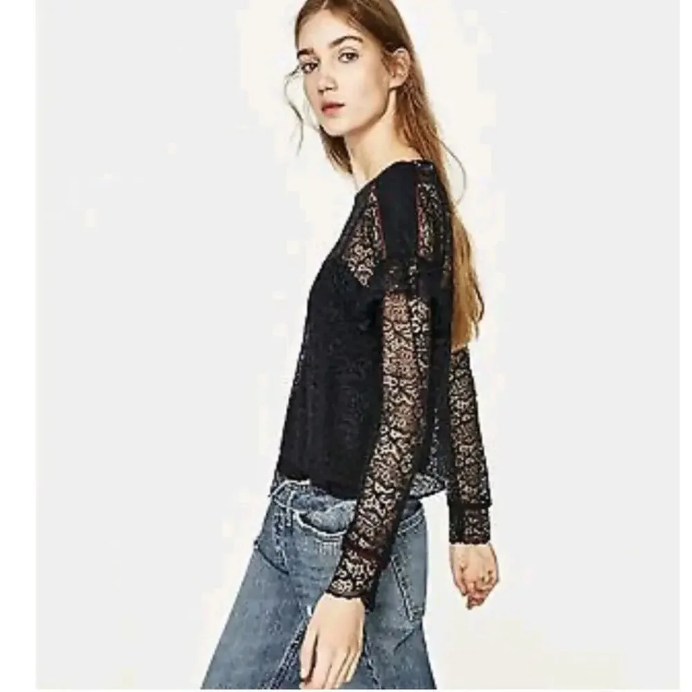 Zara Top Womens Small Midnight Blue Cropped Lace Ruffle‎ Sheer Fairy Whimsigoth